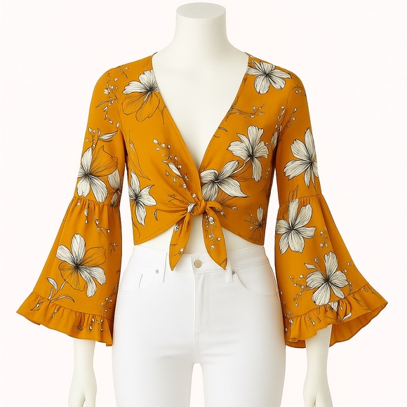Madeline Tops - Madeline Mustard Floral Tie-Front Blouse